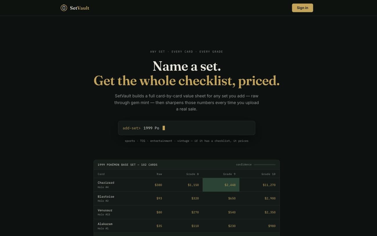 SetVault home page with a priced card checklist